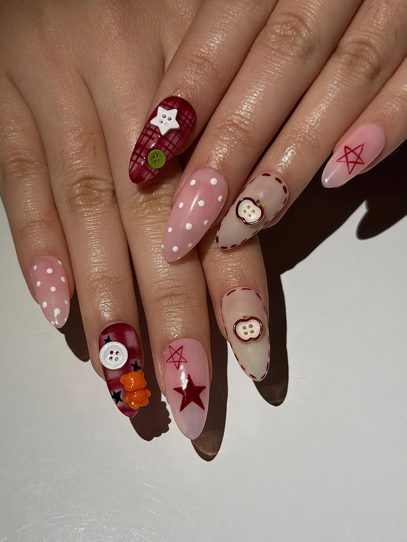 Kawaii Teddy Bear Press On Nails | Cute Teddy & Button Nail Art | Handmade Kawaii Nails | Pink Plaid Press Ons | Cute Core Nails | DB1022H