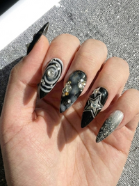 Gothic Black Cat Galaxy Press On Nails for Bold Girls | Handmade Silver Star Fake Nails | Dark Smoky Crystal Nail Art | JB286E
