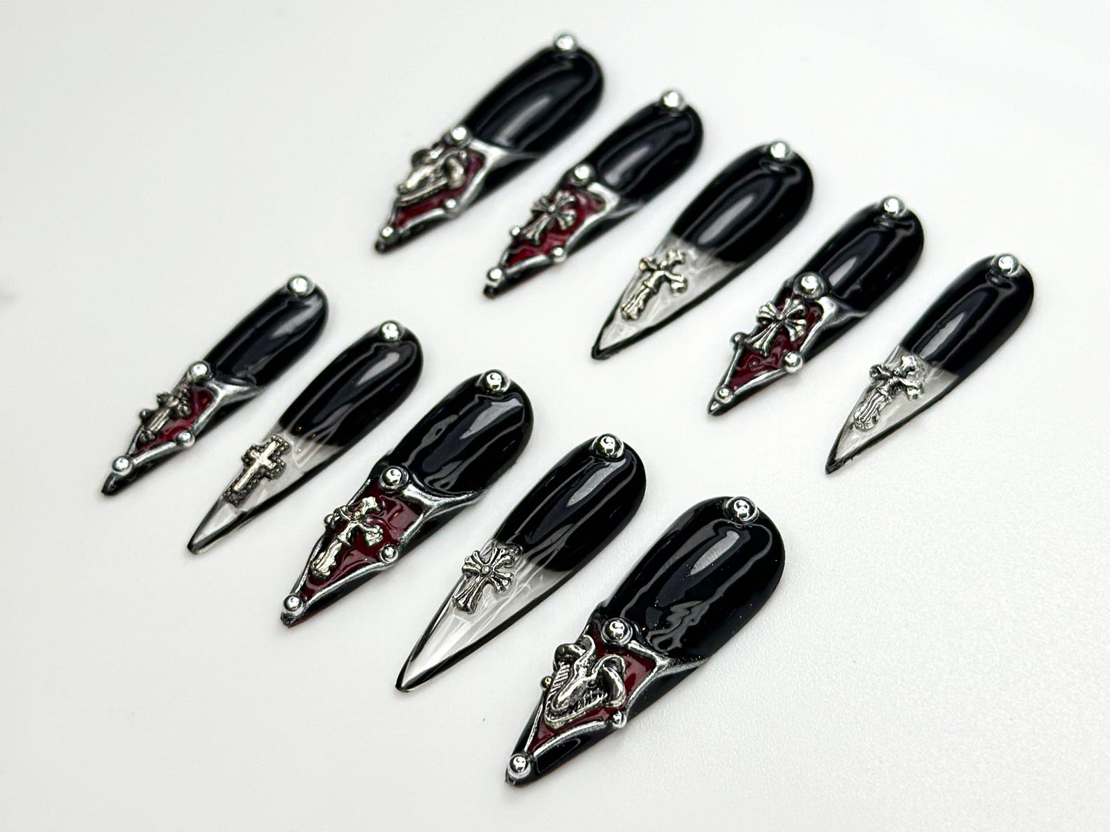 Gothic Cross Tip Press On Nails | Vampire Red & Black Nails | Gothic Triangle Accent Nails | Religious Symbol Nails | Dark Glam Nail| JC865H