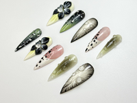 Elegant Green Bloom Press On Nails | 3D Black White Floral Nails | Handpainted Nature Nail Art | Green Ombre & Dot Accent Nails | JC101HK