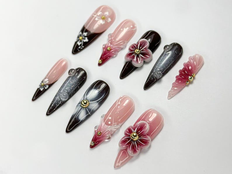 Elegant Red Floral Press On Nails | 3D Red Blossom Nail Set | Elegant Spring Nails | Glossy Floral Nail Set | Dark Glam Nails | JC756HC