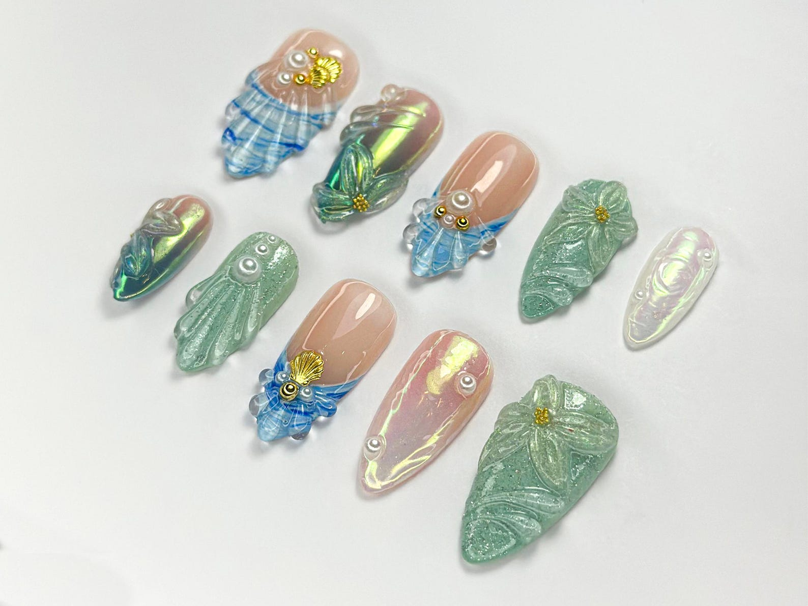 Ocean-Inspired Press On Nails | Blue Green Mermaid Nails | Summer Beach Press Ons | Ocean Pearl Summer Nails | JC753HC