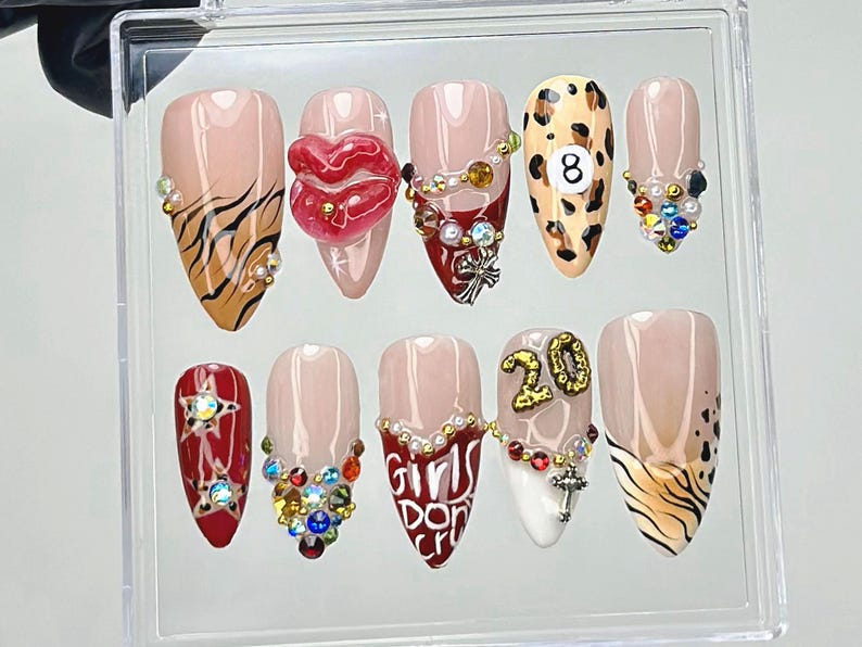 Leopard Rhinestone Press On Nails | Bold Animal Print Fake Nails | Girls Don?M3? Cry Nail Art | 3D Lips & Crystal Press Ons |Nail Art |HB910YK