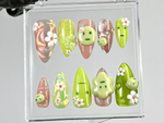 Kawaii Green Press On Nails by Dory Nails | Green & Pink 3D Nail Art | Whimsical 3D Fake Nails | Kawaii Nails with Flowers | Gifts | HC790YK