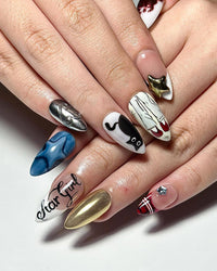 Star Girl Gothic Press On Nails | Cyber Y2K Chrome Nails | Black & Gold Star Nails | Gothic Cat Press Ons | Edgy Rockstar Nail Art | JC341IC