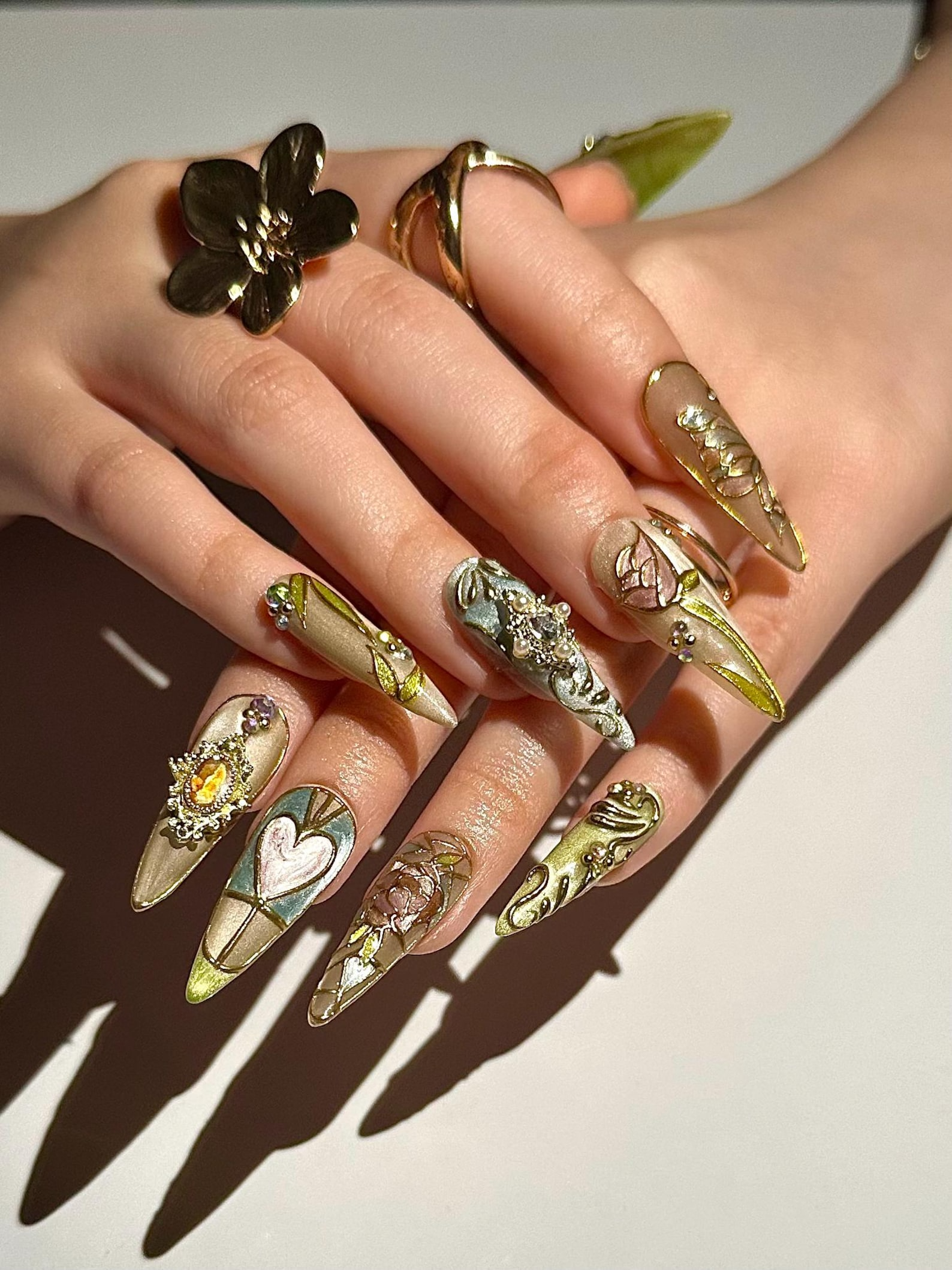 Baroque Stained Glass Press On Nails | Vintage Luxury Heart Nails | Handmade Victorian Aesthetic Nails | Handmade Stiletto Press Ons|JB311HC
