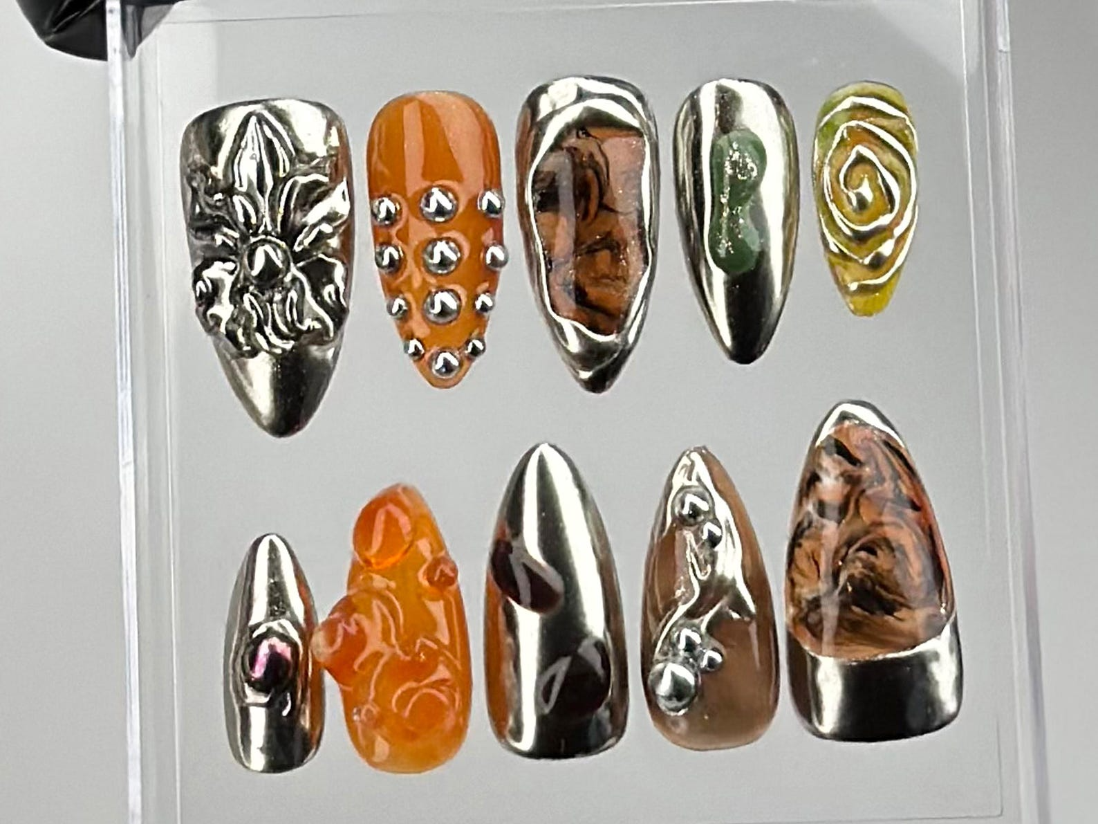 Glam Gothic Chrome Press On Nails | Edgy Metallic Fake Nails | Silver Metallic & Marble Nail Art | Gothic, Y2K Inspired Press Ons | HC686YK