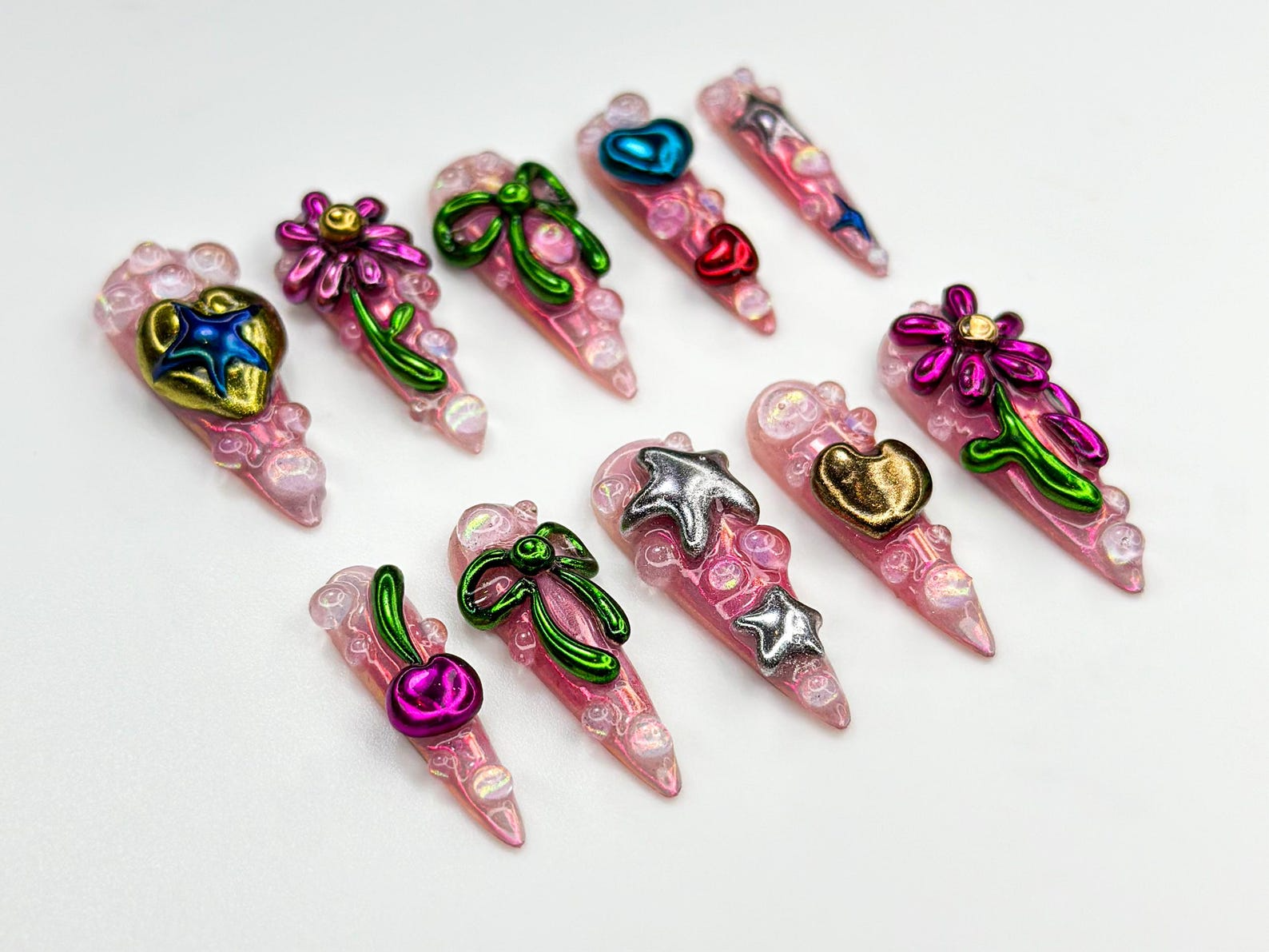 Metallic Bubble Press On Nails | 3D Y2K Chrome Star Heart Nails | Funky Cute Cherry Bow Nail Art | Iridescent Pink Press On Set | JB815HK