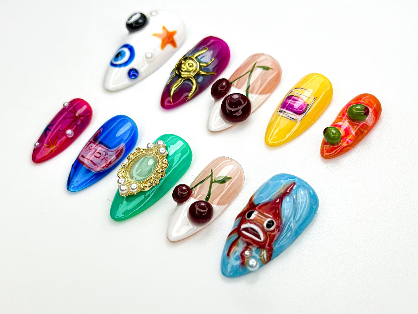 Pop Art Custom Press On Nails | Vintage Eye & Fish Nail Art | Handmade Funky Artcore Nails | Retro Eclectic Press Ons | JB882HC