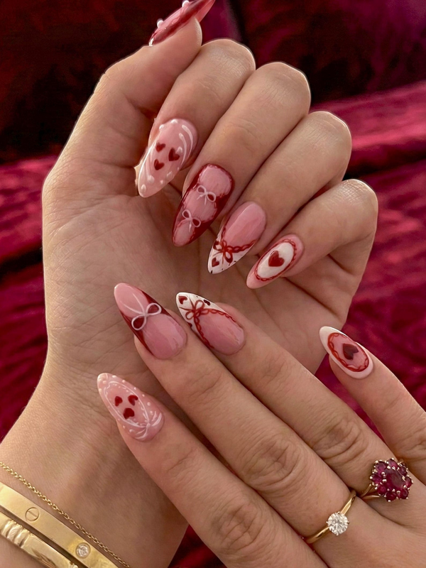 Press On Nails Adhesive Tabs ?M?Pink Red Heart & Bow Design Long Almond Handmade Fake Nails for Valentine Gift