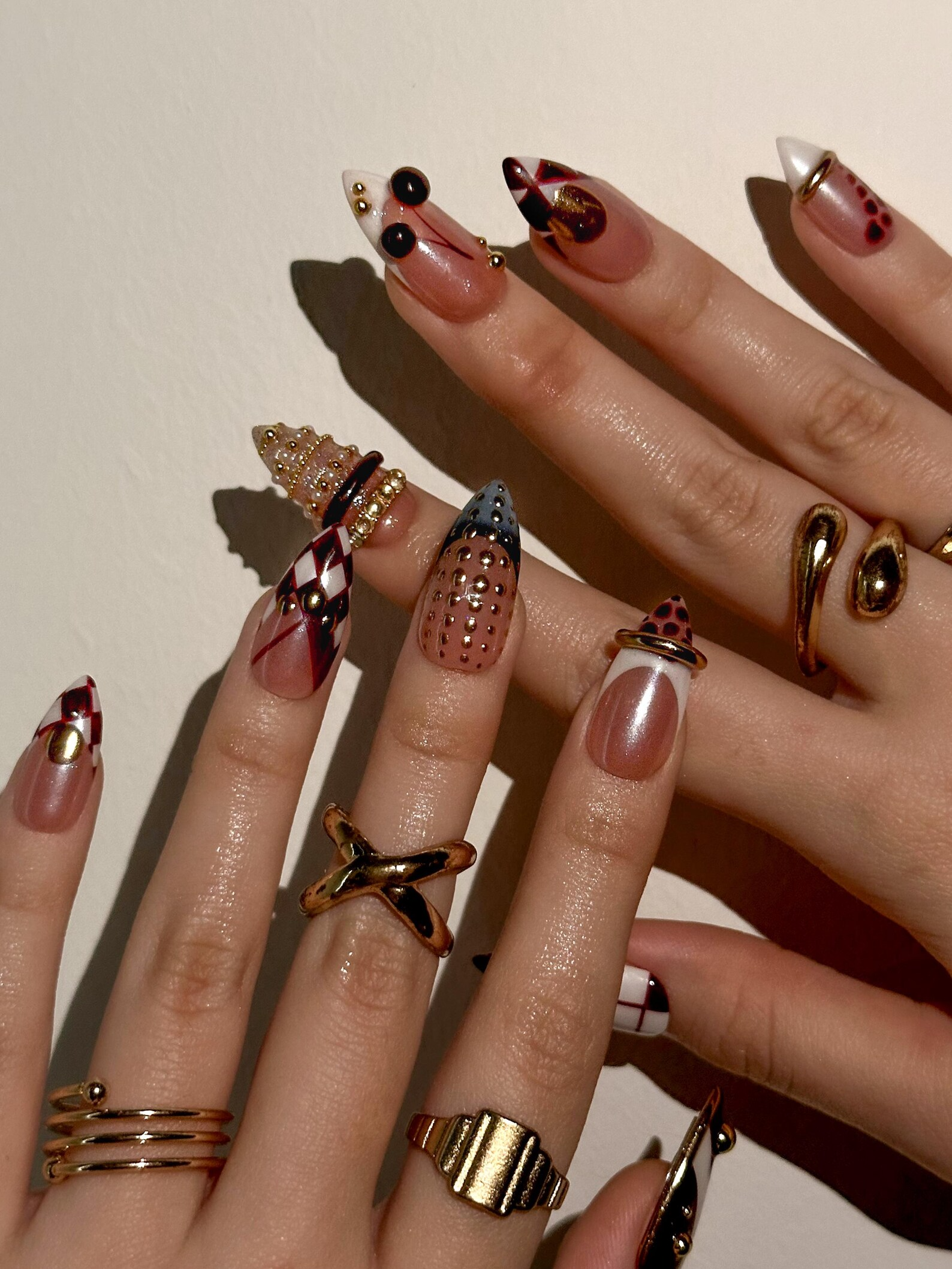 Gold Ring Luxury Press On Nails | Pearl Nude & Gold Hardware Nails | Luxury Gilded Almond Nail Art | High Fashion Jewelry Nail Set | JB296EC