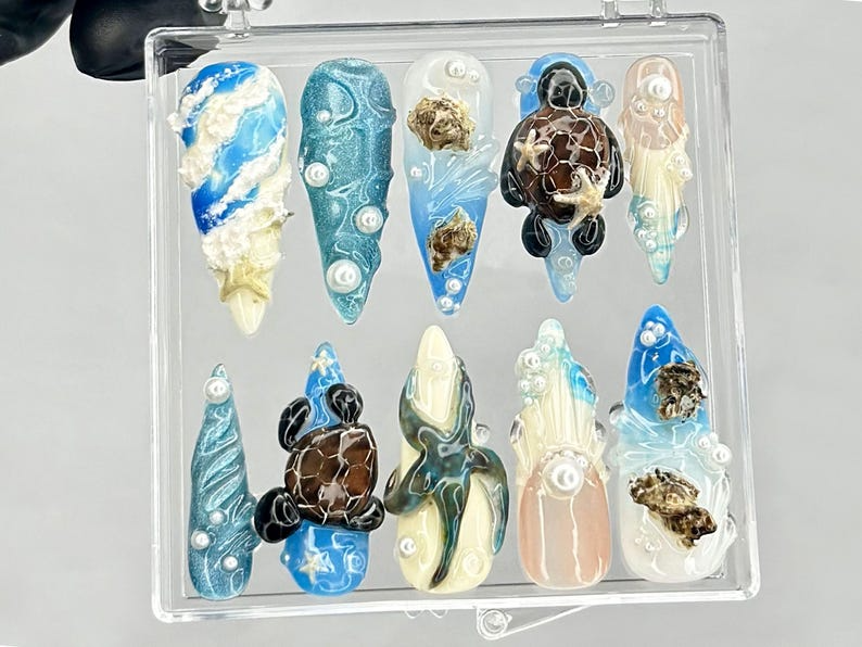 Under the Sea Press On Nails | Sea Turtle 3D Nail Art | Beach Theme Press Ons | Mermaid Core Fake nails | Blue Beach Vibes Nails | HB948YC