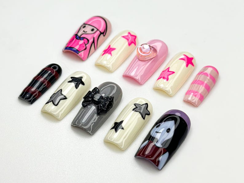 Adventure Time Press On Nails | Princess Bubblegum And Marceline Nails | Cute & Edgy Handmade Nails | Cartoon Inspired Press Ons | JB872HC