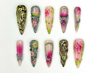 3D Luxury Floral Press On Nails | Flower Gold Chrome Nails | Handmade Statement Nail Art | Elegant Long Press Ons | HB997GK