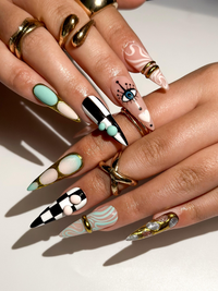 Gilded Luxury Colorful Press On Nails | Eye Art Gold Ring Nails | Handmade Nude Stiletto Nail Art | Luxury Statement Press Ons | JB302EC