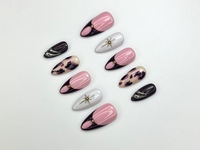 Pink Noir Star Press On Nails | Chic French Tip Nail Art | Leopard Accent Nails | Elegant Handmade Nail Set | JC1120BC