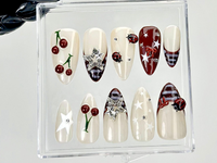 Retro Cherry Star Press On Nails | Y2K Indie Style Fake Nails | Burgundy French Tips Nail Art | 2000s Indie Inspired Press Ons | HC928YC