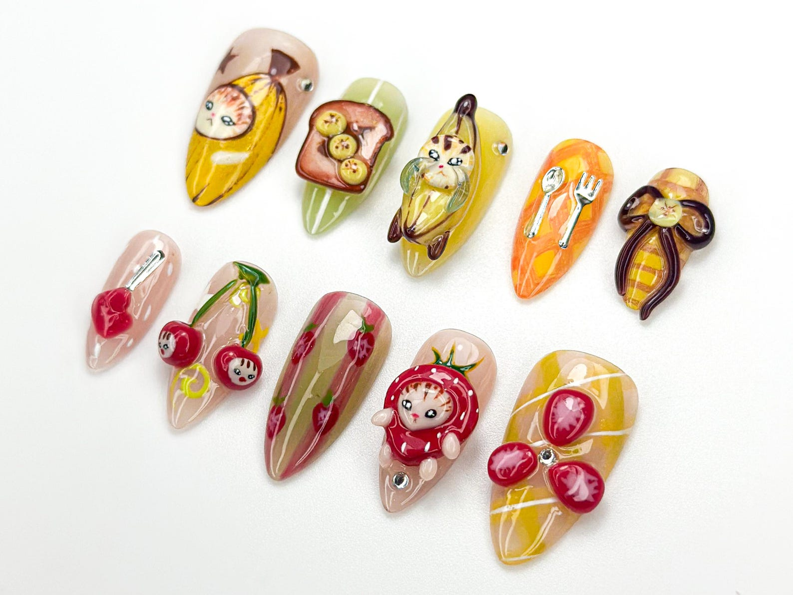 Banana Cat Press On Nails | Cute Fruit Nail Art | 3D Food Nails | Kawaii Handmade Press Ons | Quirky Character Nail Design | JB909HC