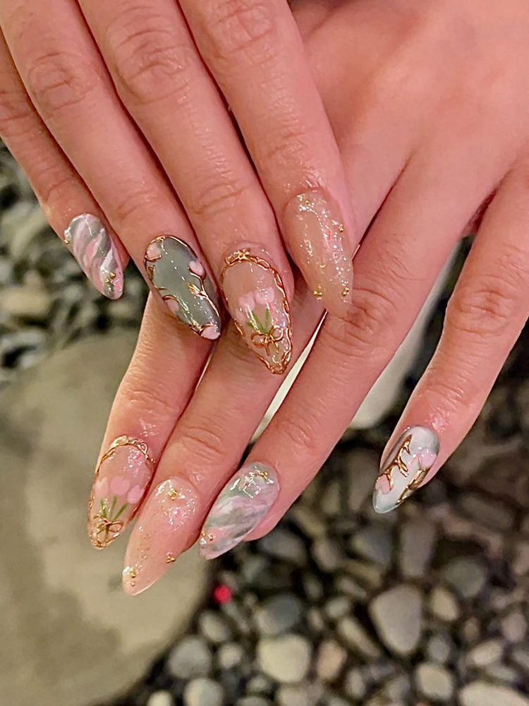 Vintage Tulip Press On Nails, Sage Green and Pink Marble Nails with Gold Rose Frame, Elegant Floral Hand-Painted Custom Nails, JB307HK