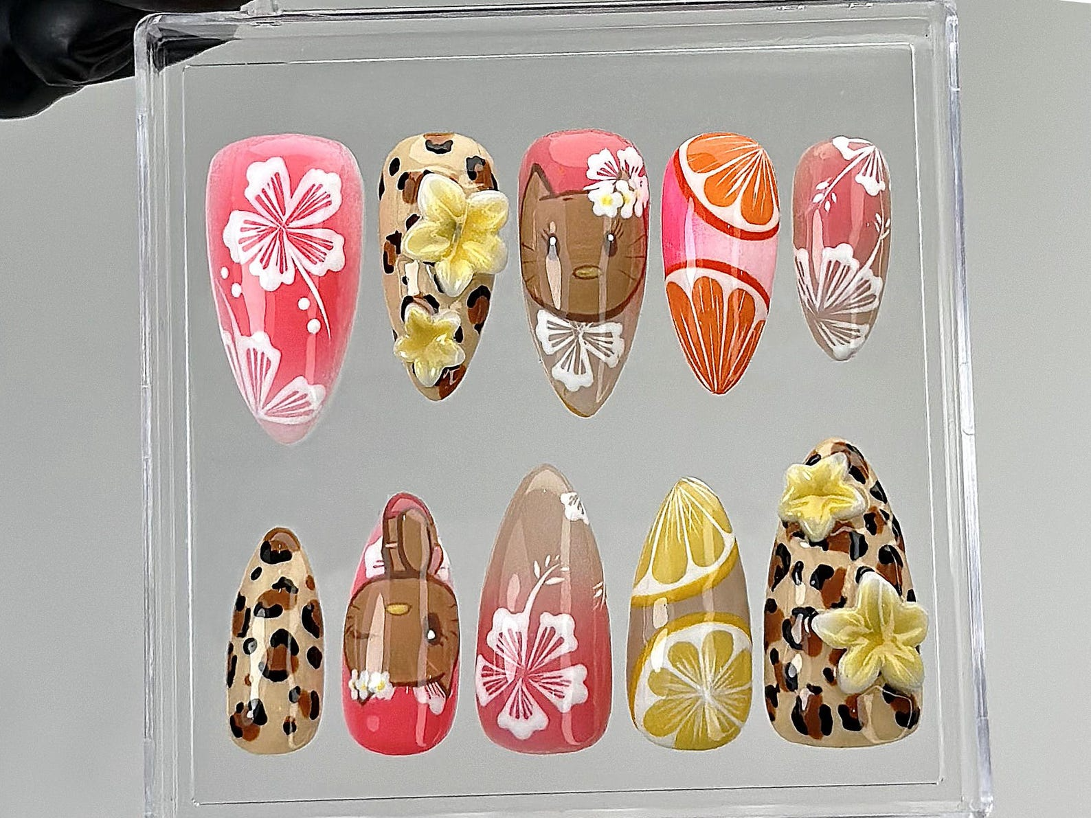 Tropical Summer Press On Nails | 3D Hibiscus, Citrus Design Fake Nails | Handmade Vacation Nail Art | Luau Beach Press Ons | Summer |HB878YC