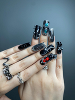 Gothic Black Press On Nails | Dark Silver Nail Art with Red Stones | Handmade Luxury Nails | Statement Gift for Her | HB1255GC