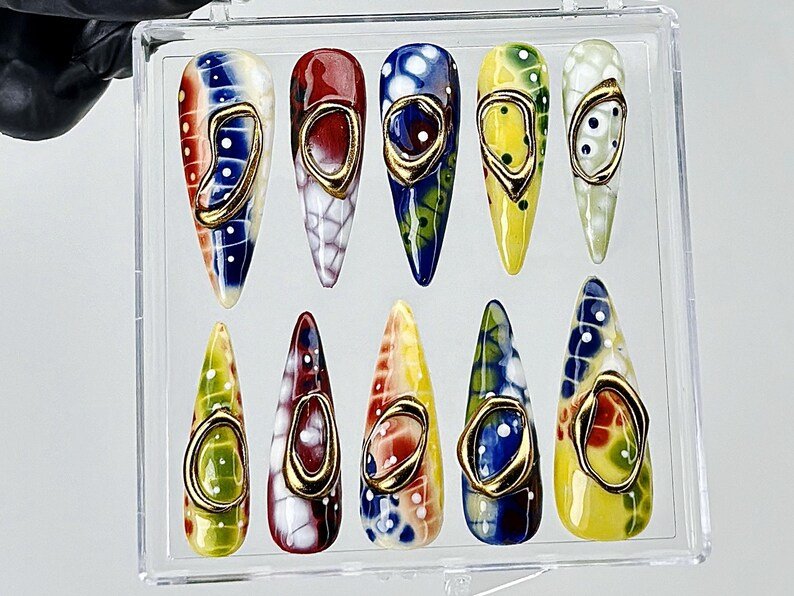 Bold Multicolor Marble Press On Nails |Abstract Gold Accent Fake Nails |Unique Artistic Nail Art |Retro Pop Art Nails |Luxury Nails |HB899YK