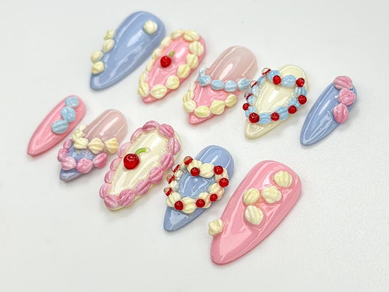 Pastel Birthday Party Press On Nails |Sweet Dessert-Inspired Nails | 3D Pastel Icing & Cream Nail Art | Handmade Birthday Nails | JB808HC