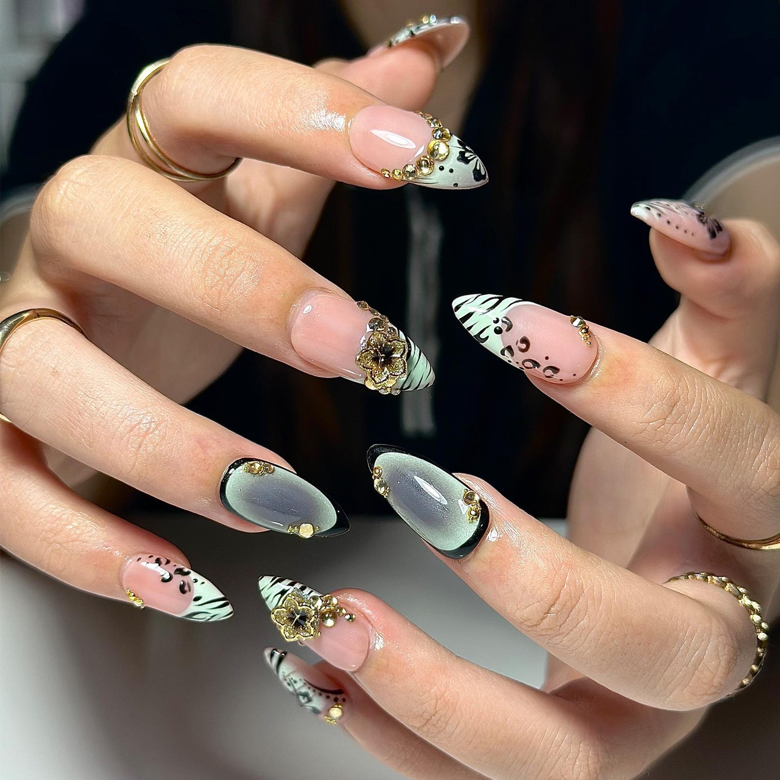 Nude Pink Press On Nails with Black Floral and Gold Charm | 3D Elegant Nails in Almond Shape | Handmade Nails for Party, Wedding | HC1310NC