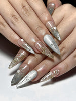 Elegant Gold Floral Cat eyes Nails | Nude Sage Blue Nails | Luxury Minimal Nails | Jasmin Flower Nails | Glossy Reusable Nails | JC339IC