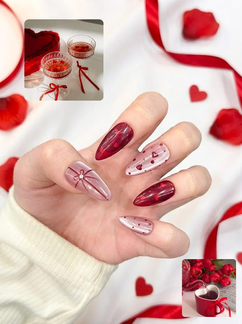 Valentine?M¨´¨¹ Day Heart Press On Nails | Red & Pink Romantic Nail Set | Handmade Gift for Girlfriend | Elegant Stiletto Fake Nails | HC999GC