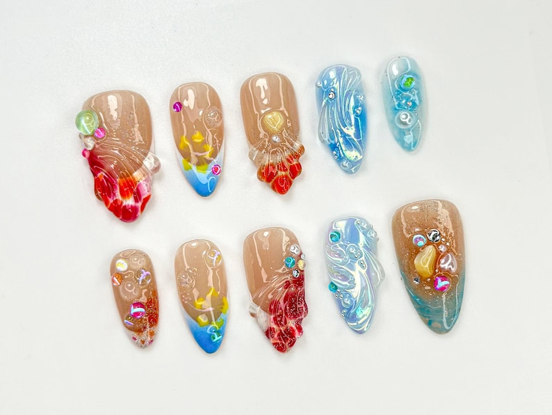 Ocean Flame Fantasy Press On Nails | 3D Water & Fire Nail Art | Handmade Glossy Beach-Inspired Nails for Summer| Vacation Nail Art| JC769HC