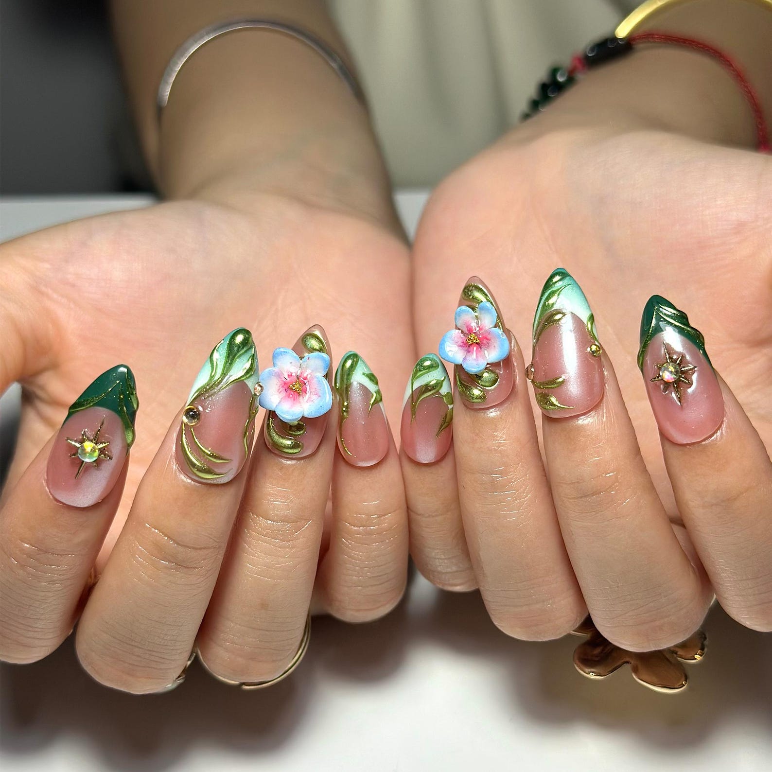 3D Floral Press On Nails | Green Leaf Pink Chrome Nails | Handmade Flower Nail Art | Elegant Spring Nails | Luxury Almond Nails | JC355NC