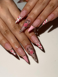 Pink Rose Press On Nails for Bridal | Handmade Rose Flower Nails with Pearls | Elegant Wedding Press Ons | Gold Frame Floral Nails | JB295HC