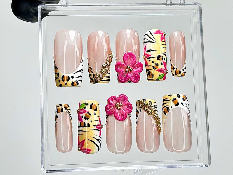 Leopard Floral Press On Nails | Pink Flower Cheetah French Tips Nail Art | Safari Press Ons | Animal Print Fake nails | Wild Animal |HB943YK