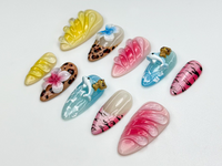 Hello Kitty Safari Press On Nails | Tropical Dolphin, Leopard Print Nails | 3D Kitty & Floral Summer Nails | Y2K Cute Vacation Nail | JB813H