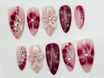 Hand Painted Press On Nails | Floral Accent Nails |3D Flowers - Rhinestone Accents| Perfect for Special Occasions|JB740LK
