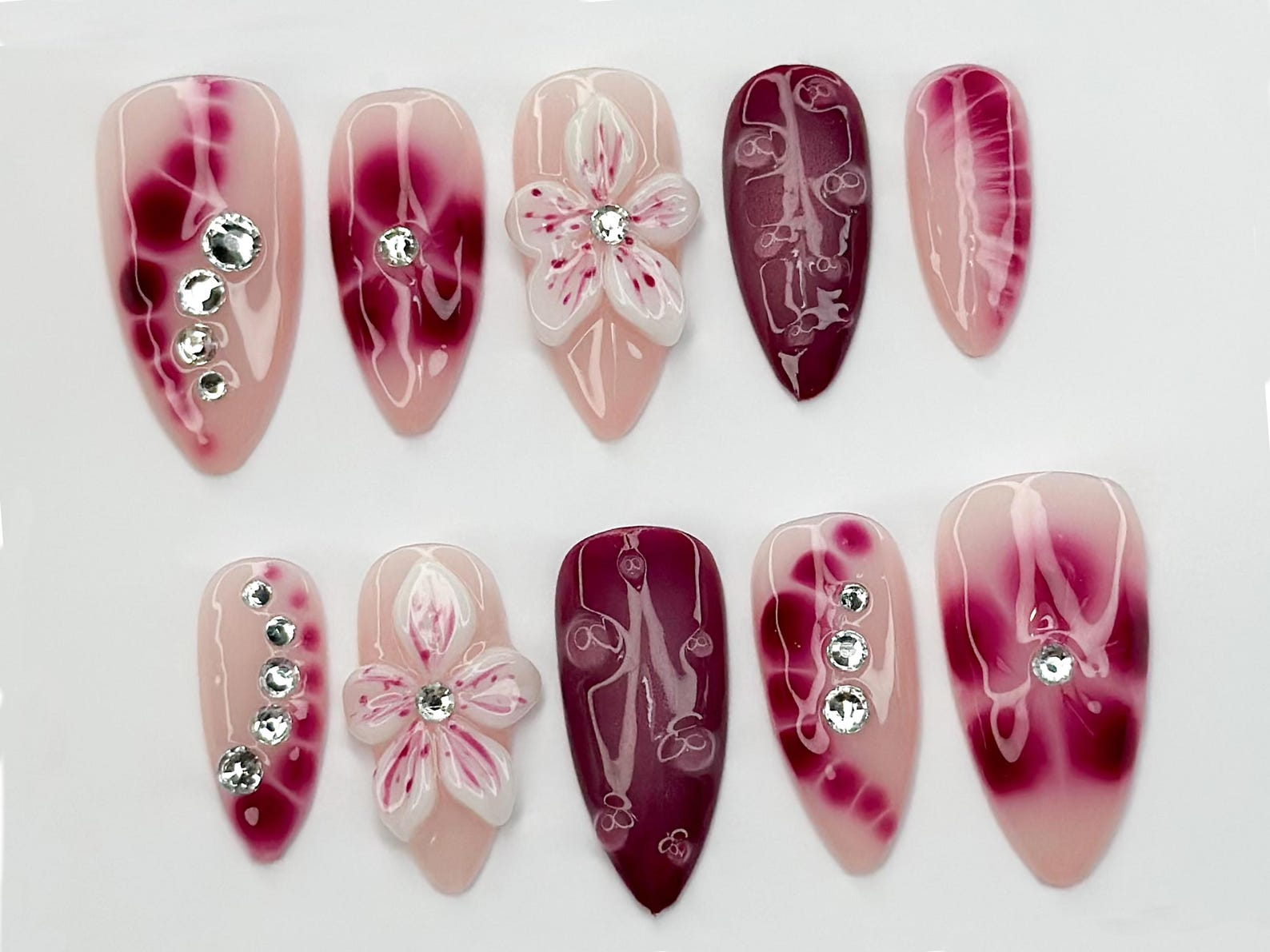 Hand Painted Press On Nails | Floral Accent Nails |3D Flowers - Rhinestone Accents| Perfect for Special Occasions|JB740LK