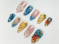 Summer Beach Vibe Press On Nails | Handmade Shell and Starfish Nails | Elegant Sea-Inspired Nail Set | Beach Summer Vibes | JC757H