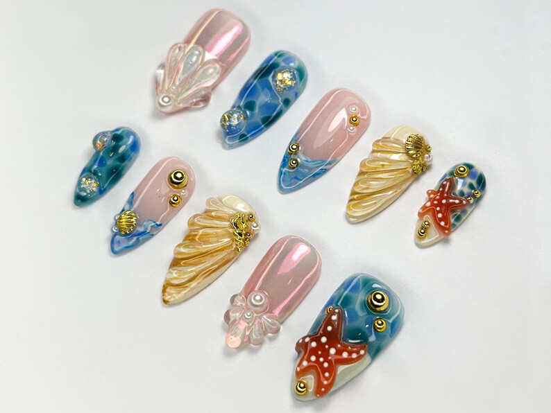 Summer Beach Vibe Press On Nails | Handmade Shell and Starfish Nails | Elegant Sea-Inspired Nail Set | Beach Summer Vibes | JC757H