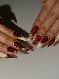 Red Chrome Luxury Press On Nails | Gold Frame Pearl Nail Art | Elegant Burgundy Stiletto Nails | Baroque Glam Nail Design | HC1305HC