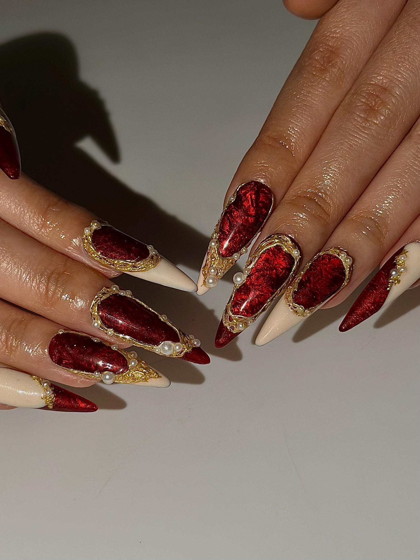 Red Chrome Luxury Press On Nails | Gold Frame Pearl Nail Art | Elegant Burgundy Stiletto Nails | Baroque Glam Nail Design | HC1305HC