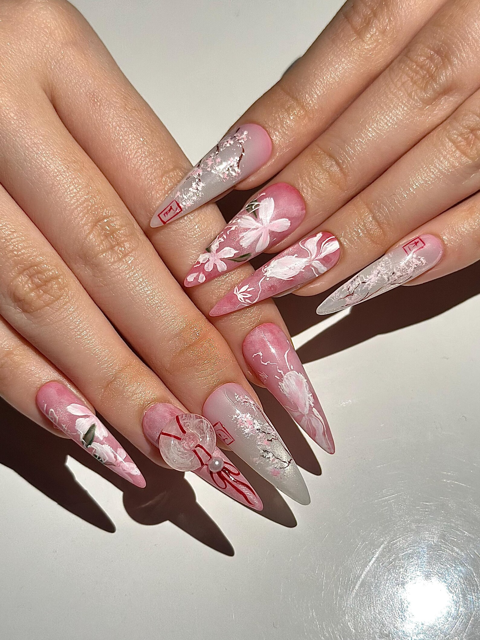 Pink Blossom Press On Nails | Pink Jelly Floral Nails | Asian Flower Nails | Romantic Spring Nails | Handmade Stiletto Press Ons | JB312HC