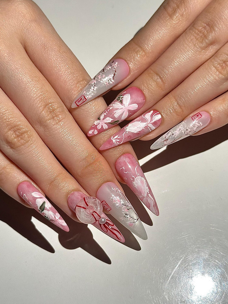 Pink Blossom Press On Nails | Pink Jelly Floral Nails | Asian Flower Nails | Romantic Spring Nails | Handmade Stiletto Press Ons | JB312HC