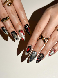 Gothic Rose Black Press On Nails | Dark Red Black Luxury Nail Art | Baroque Armor Stiletto Nails | Handmade Gothic Statement Nails| HB1286EC