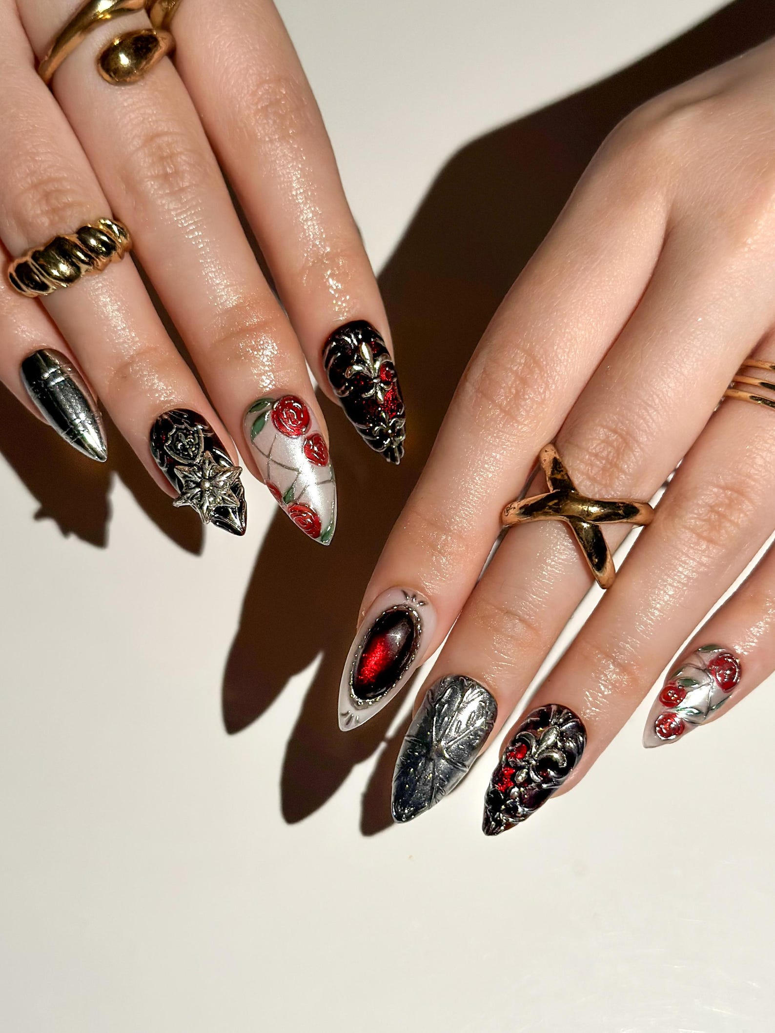 Gothic Rose Black Press On Nails | Dark Red Black Luxury Nail Art | Baroque Armor Stiletto Nails | Handmade Gothic Statement Nails| HB1286EC