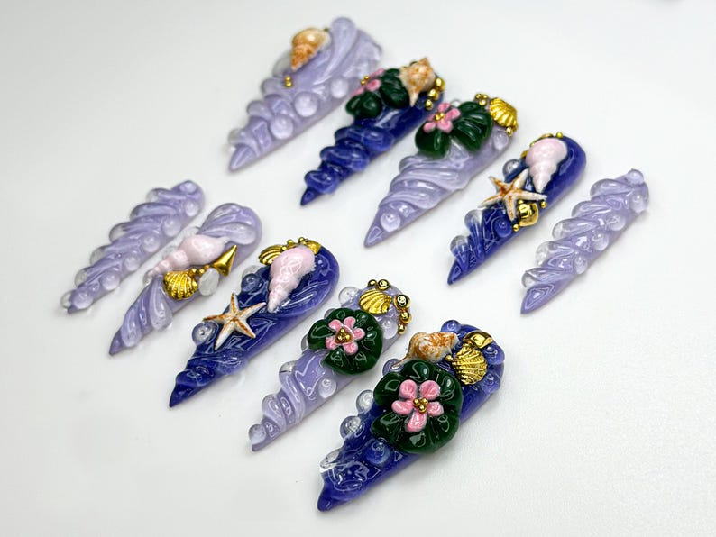 Mermaid Shell Spiral Press On Nails | Ocean-Inspired 3D Nail Art | Seashell Starfish Lilac Nails | Fairycore Beach Nail Set | JB861H