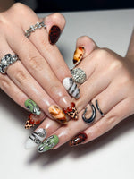 2026 Trend: Biomorphic Amber & Moss Nails | Tortoiseshell Cyber-Grunge Press Ons | Liquid Metal Silver Art | Earth-Tone Future Nails|JB363IC