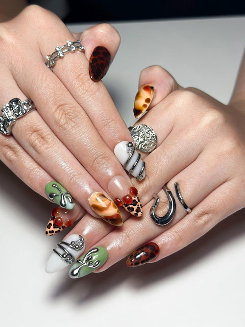2026 Trend: Biomorphic Amber & Moss Nails | Tortoiseshell Cyber-Grunge Press Ons | Liquid Metal Silver Art | Earth-Tone Future Nails|JB363IC
