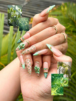 Jade Green Press On Nails with 3D Flower and Gold Detail | Elegant Floral Nails in Almond Shape | Luxury Nails | JC342NC