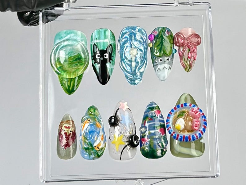 Animation-Inspired Press On Nails | Cute & Aesthetic Fake nails | Whimsical Forest Nail Art | Mystical 3D Press Ons | Kawaii Nails | HB786YC